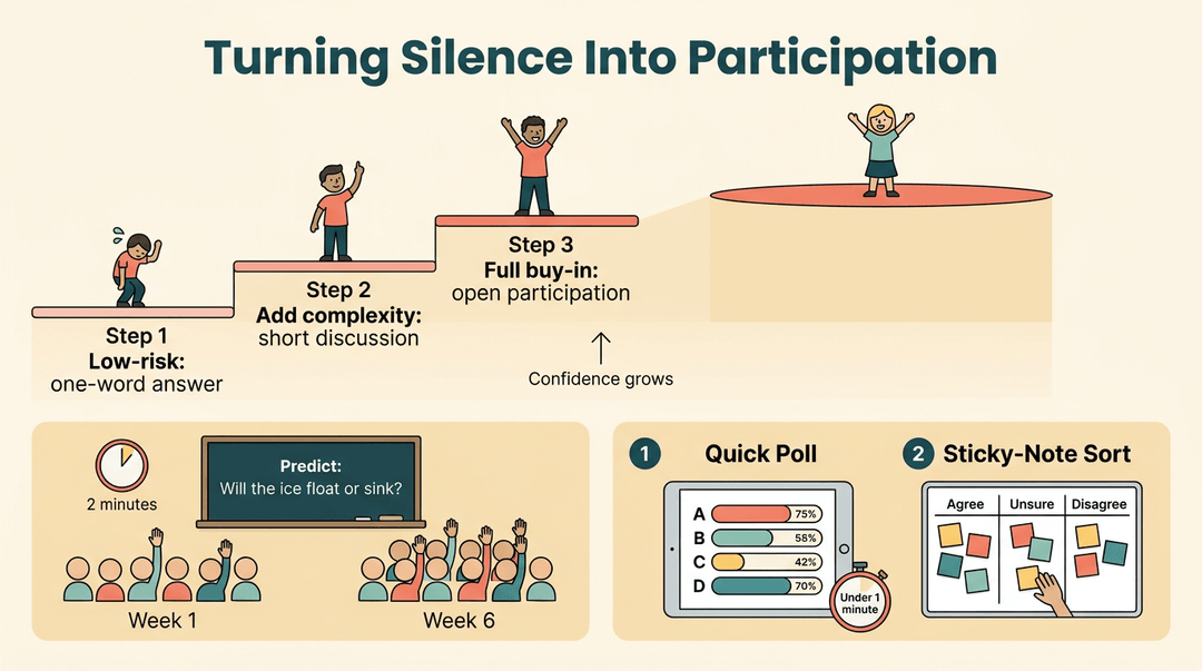 Infographic showing how student confidence and participation grow through low-risk steps, quick polls, and sticky-note sorts.