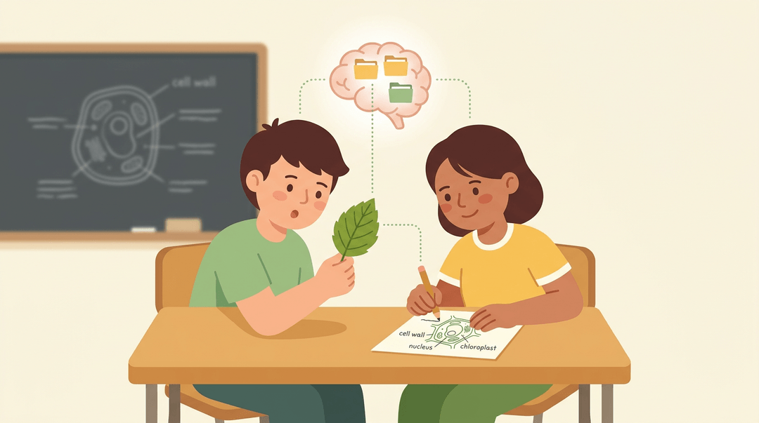 Two students collaborate on biology, linking a real leaf to a cell diagram while a glowing brain icon represents learning.