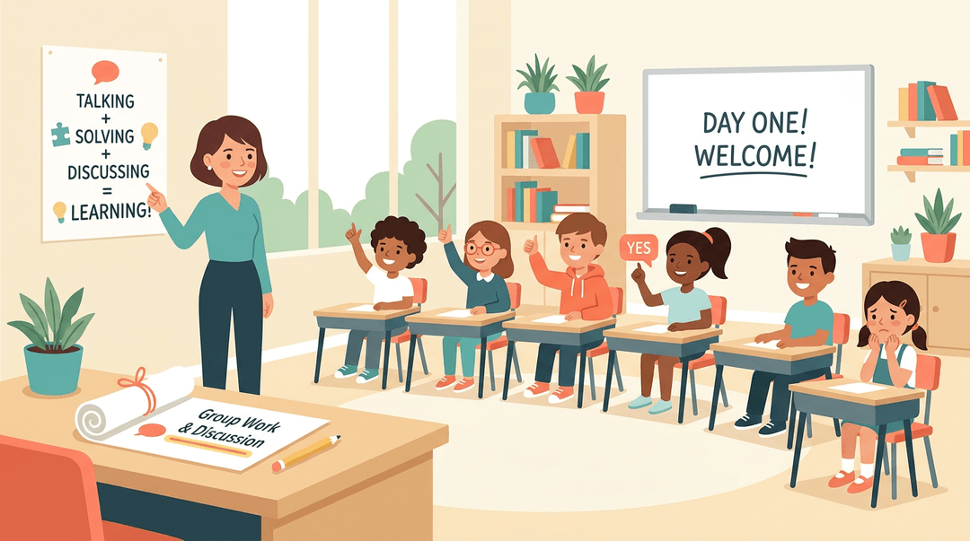 A teacher welcomes diverse students on day one, pointing to a learning poster while kids raise hands with thumbs up.