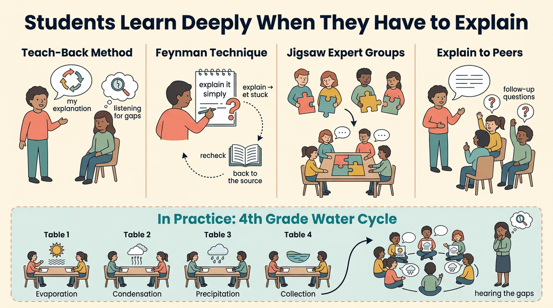 Infographic showing four methods for deep learning: teach-back, Feynman technique, jigsaw groups, and peer explanation.