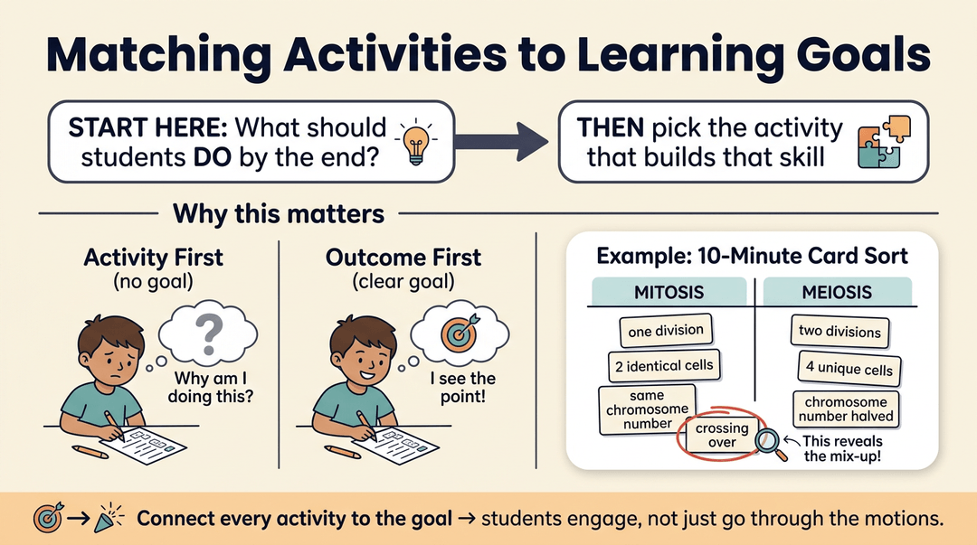 Diagram showing how matching activities to learning goals improves student engagement, using a mitosis card sort example.