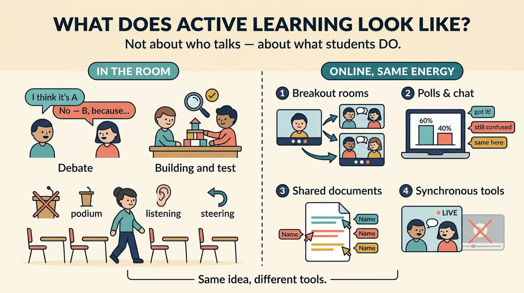 Infographic comparing active learning in physical classrooms versus online settings, highlighting student collaboration and teacher facilitation.