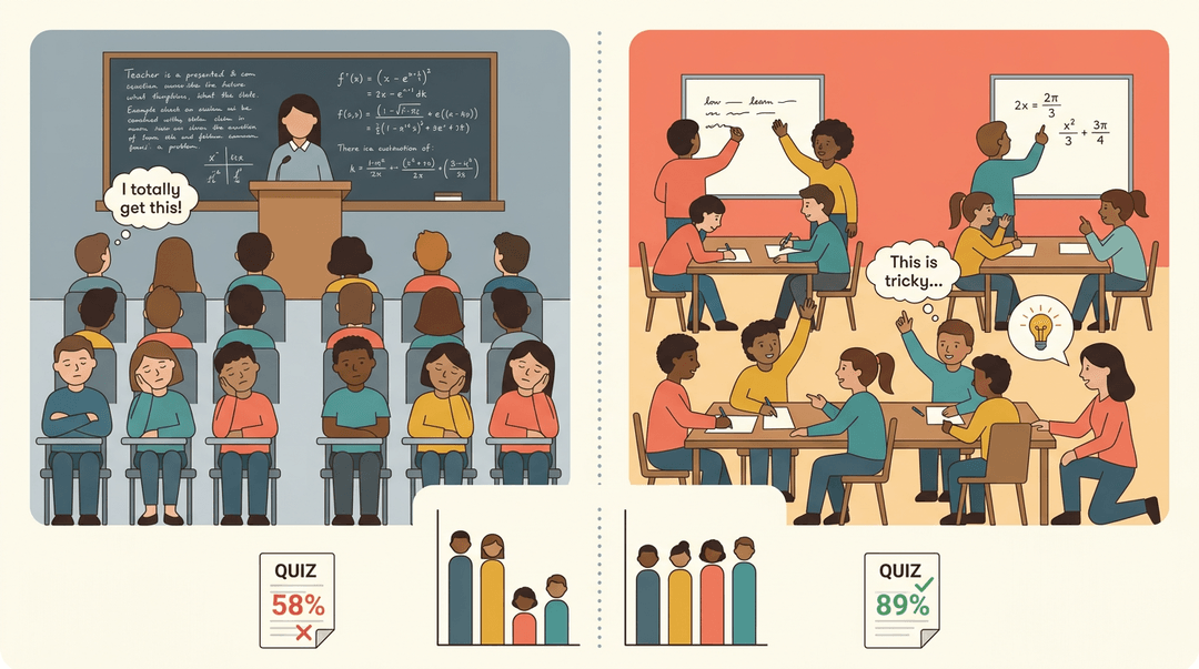 Contrast passive lecture with low scores and achievement gaps against active learning groups, high scores, and equitable results.