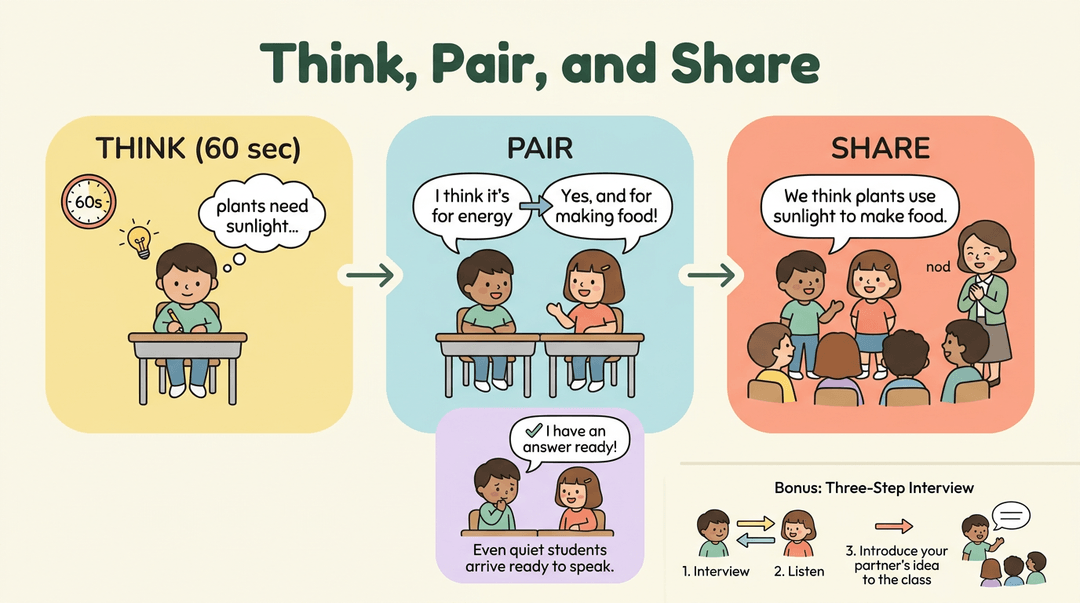 A diagram showing the Think, Pair, Share strategy with three steps: individual thinking, partner discussion, and sharing with the class.