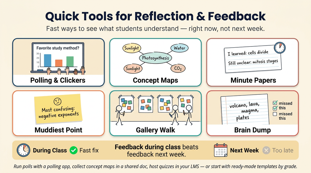 Infographic showing six quick classroom feedback tools like polling and concept maps, emphasizing real-time student understanding.