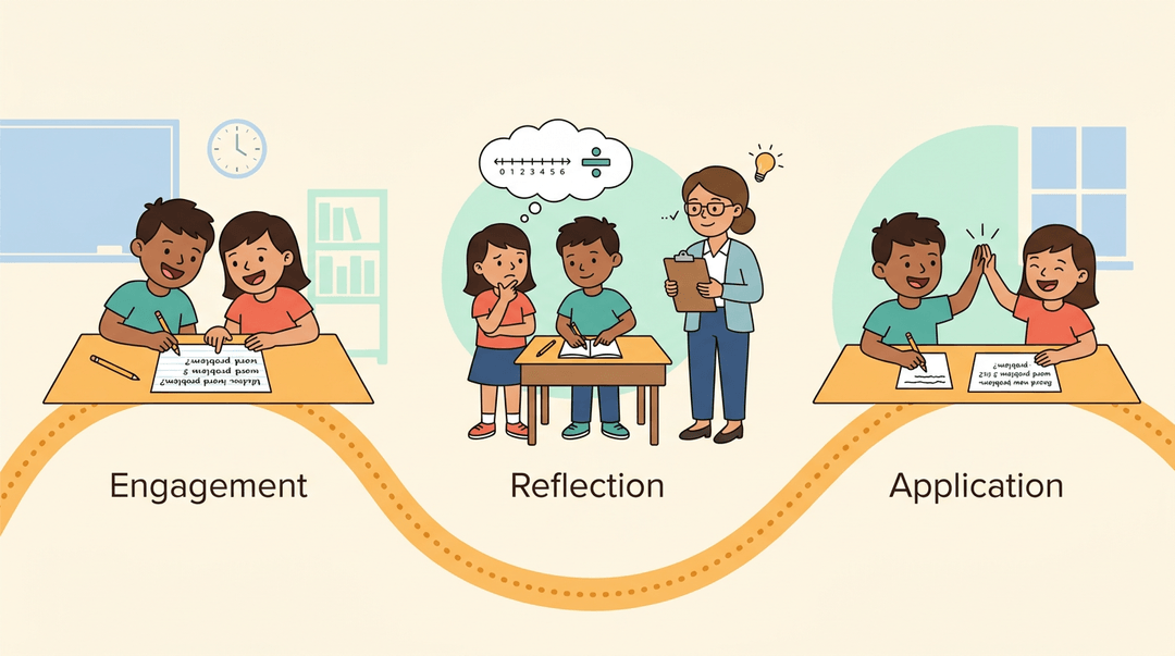 Four graders engage, reflect, and apply math together across three panels linked by a collaborative ribbon.