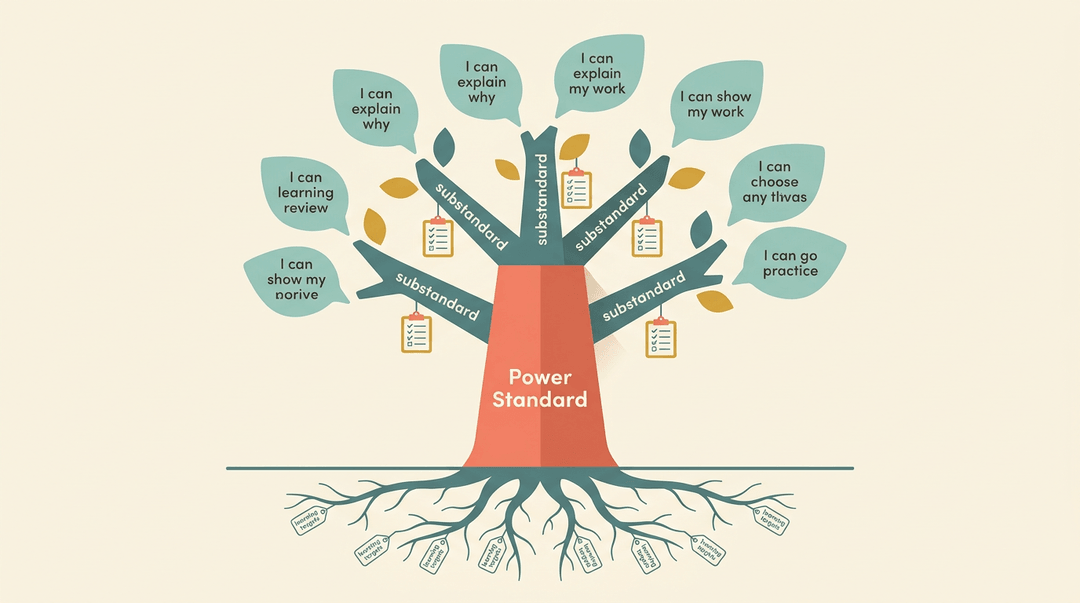 A tree diagram shows roots as learning targets, a thick coral trunk as the power standard, and branches with leaves containing student-friendly rubric phrases.