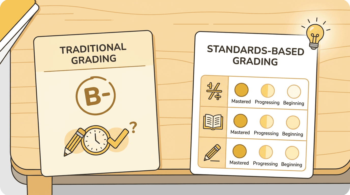 Two report cards compare vague traditional grading with clear, skill-based standards using icons and progress circles.