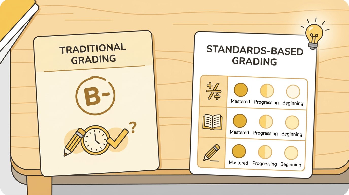 Two report cards compare vague traditional grading with clear, skill-based standards using icons and progress circles.