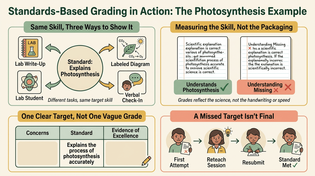 Infographic illustrating standards-based grading with four panels on photosynthesis tasks, assessing understanding over presentation, single-point rubrics, and retake opportunities.