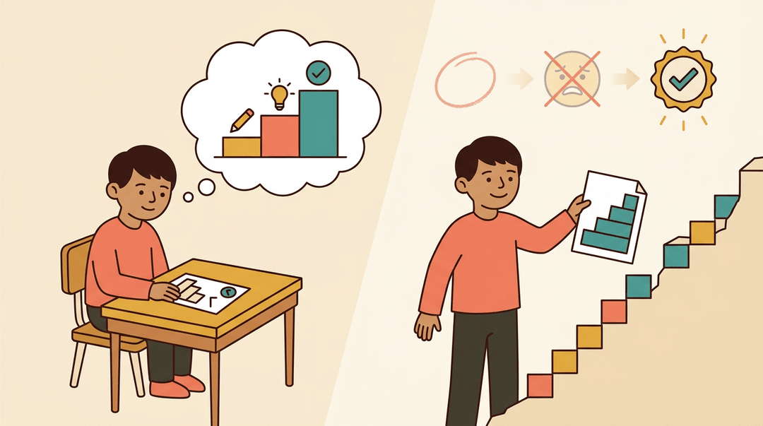 A student's growth journey shown through calm progress icons and a rising staircase, replacing test pressure with self-driven improvement.