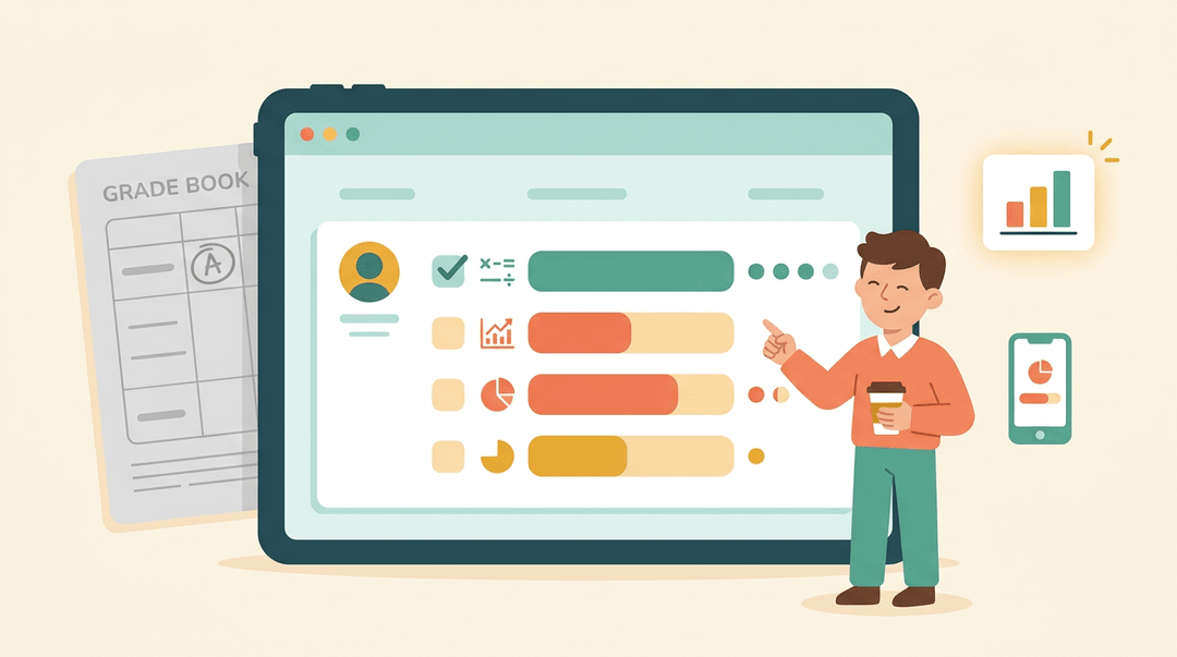 A teacher points at a tablet showing detailed student skill mastery bars, contrasting with an outdated traditional gradebook in the background.
