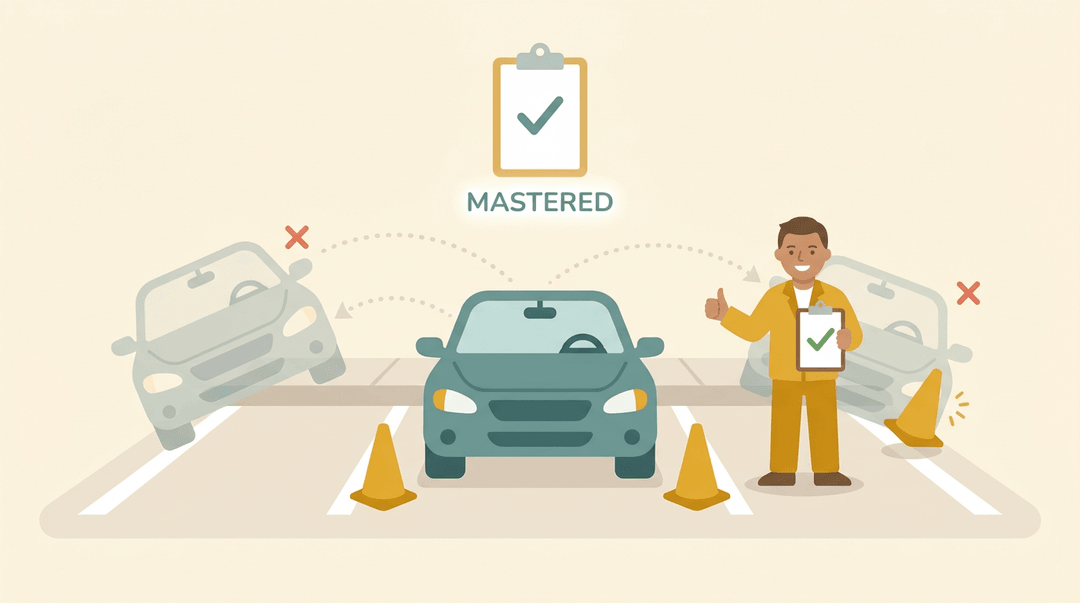 Driving instructor thumbs up at a perfectly parked car, with faded ghost cars showing failed attempts in the background.