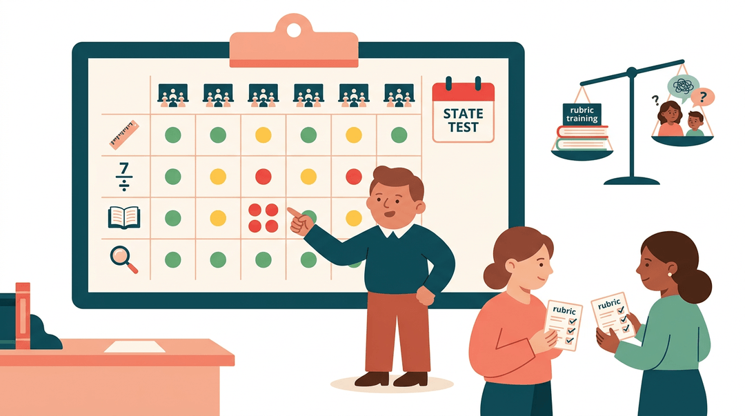 Principal points to data on a dashboard while teachers compare rubrics, balancing calibration effort against student confusion.