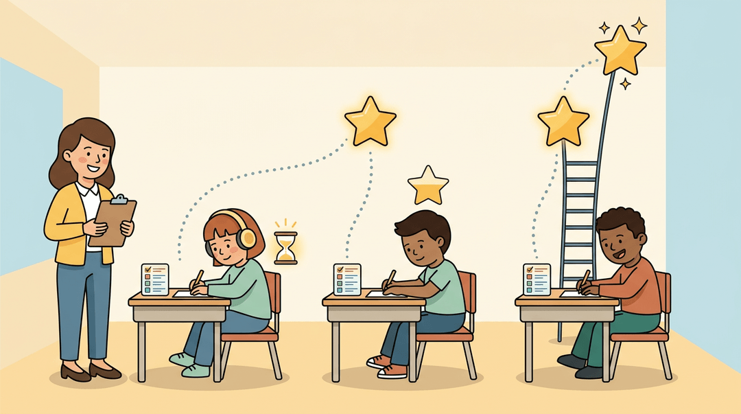 Teacher observes diverse students at desks with tools like headphones, adjusted stars, and ladders reaching higher stars to show differentiated learning paths.