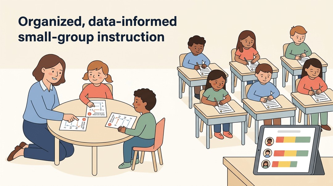 Teacher guides small group math while others work independently, with a dashboard showing student mastery levels.