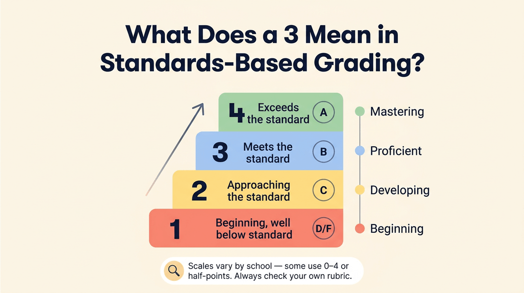 Infographic explaining standards-based grading levels 1 to 4, mapping numbers to proficiency descriptions and letter grades.