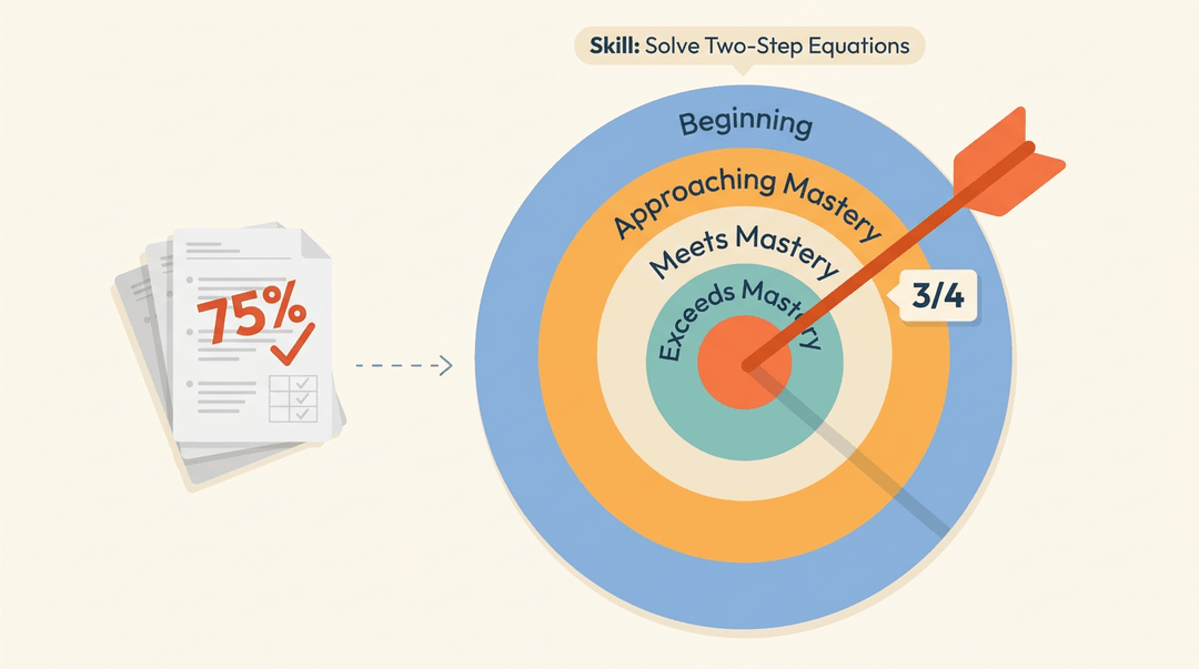 A target diagram showing 'Approaching Mastery' for solving equations, contrasting with faded graded papers to emphasize progress over completion.