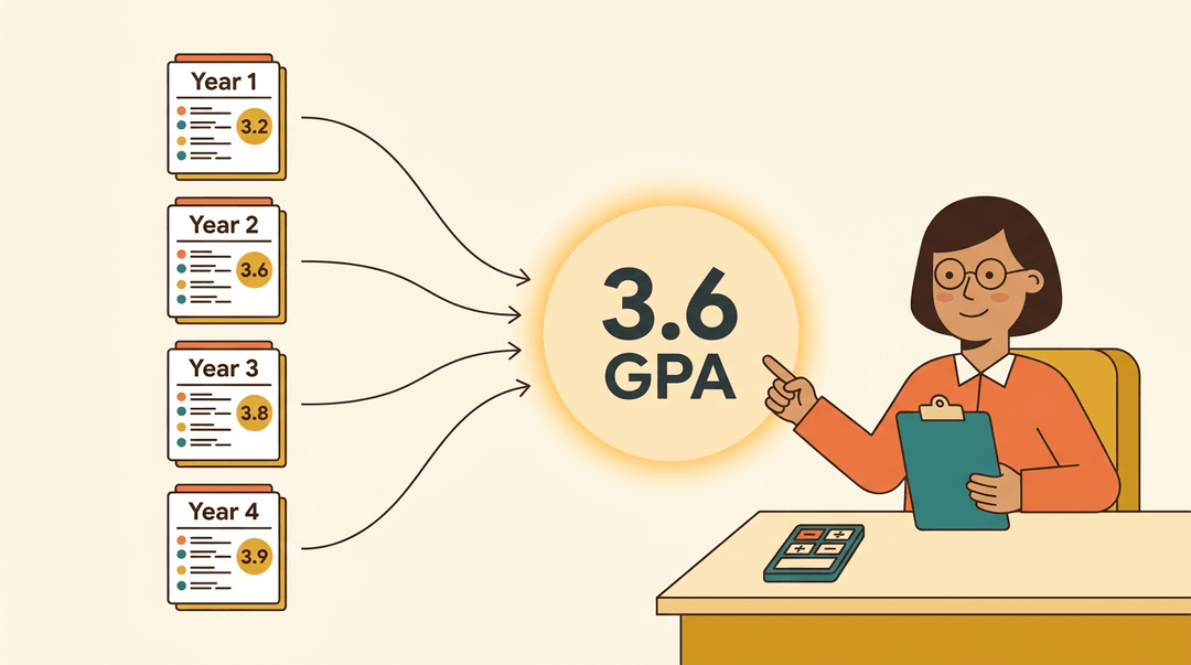Report cards flow into a glowing 3.6 GPA circle as a counselor points, showing how grades combine into one final score.
