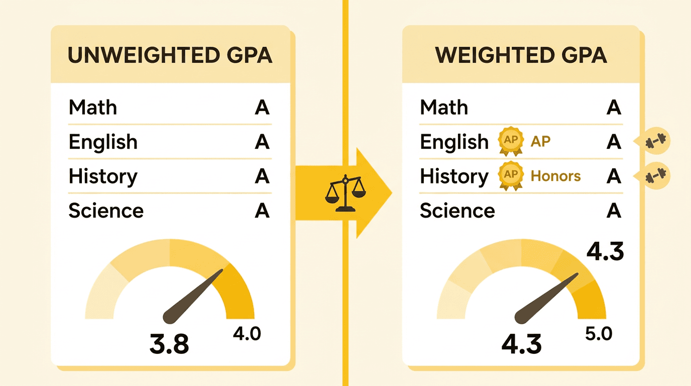 Comparison of unweighted and weighted GPAs showing how AP and Honors courses increase the score.