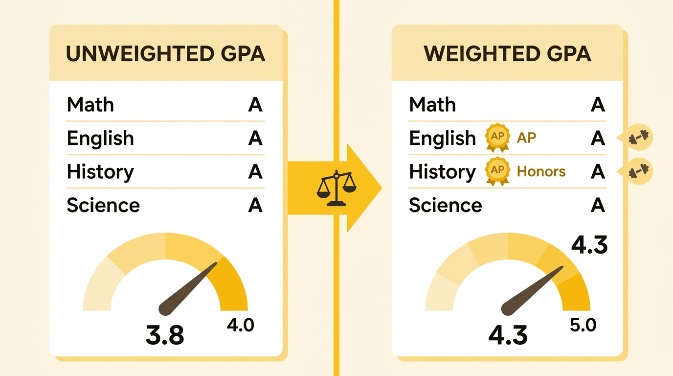 Comparison of unweighted and weighted GPAs showing how AP and Honors courses increase the score.