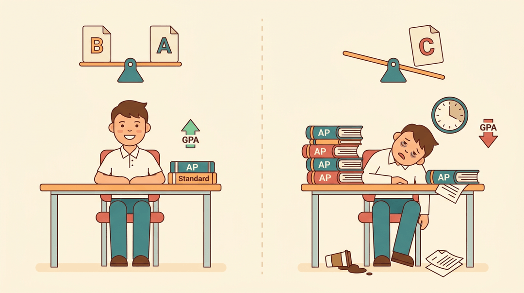 Contrasting visuals show a balanced student thriving versus an overwhelmed one failing under excessive AP workload.