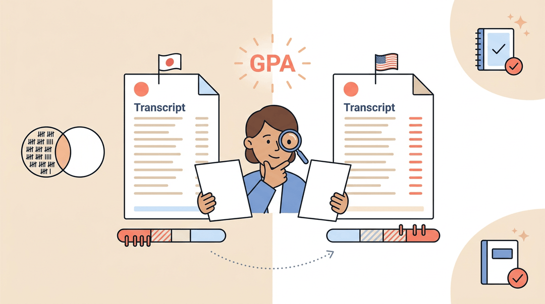 Counselor compares international grading scales and unweighted versus weighted GPA metrics using visual charts and connecting arrows.