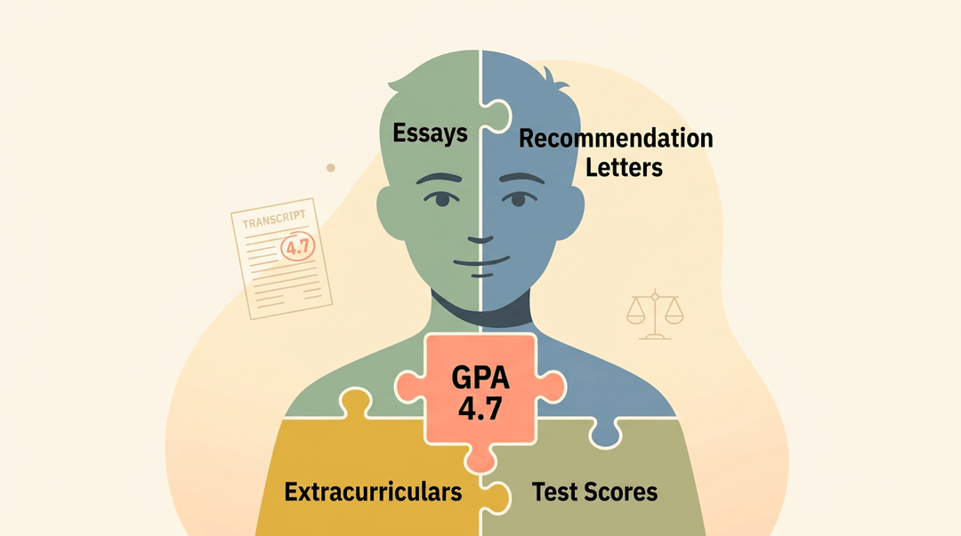 Student silhouette made of five puzzle pieces labeled Essays, Recommendations, Extracurriculars, Test Scores, and GPA 4.7.