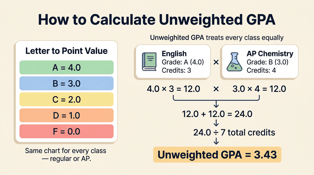 Infographic showing how to calculate unweighted GPA using a letter-grade chart and a step-by-step example for English and Chemistry.