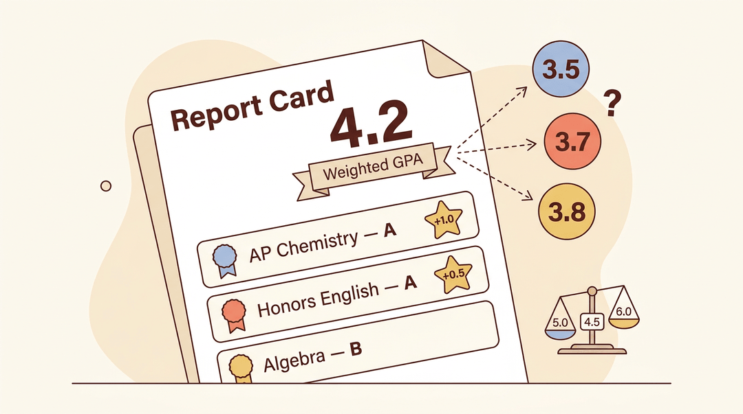 A graphic explains weighted GPA by showing a 4.2 score branching into different unweighted results, highlighting varying school scales.
