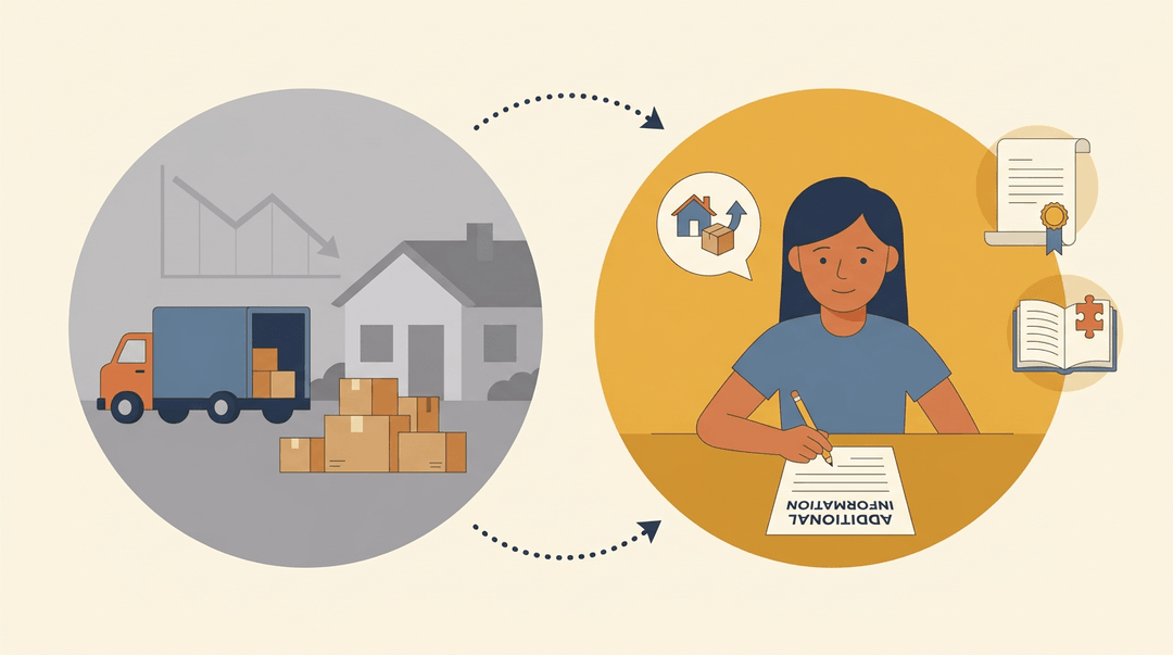 Split illustration shows a student moving from hardship to explaining her situation on an application form.