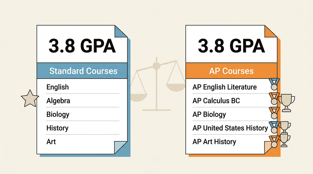 Two report cards with equal 3.8 GPAs show AP courses carrying more weight than standard ones, illustrated by a tilting scale and extra icons.