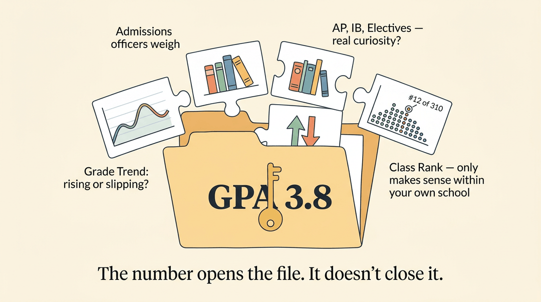 GPA 3.8 opens a file folder revealing other admissions factors like trends and rank, proving the number doesn't close the deal.