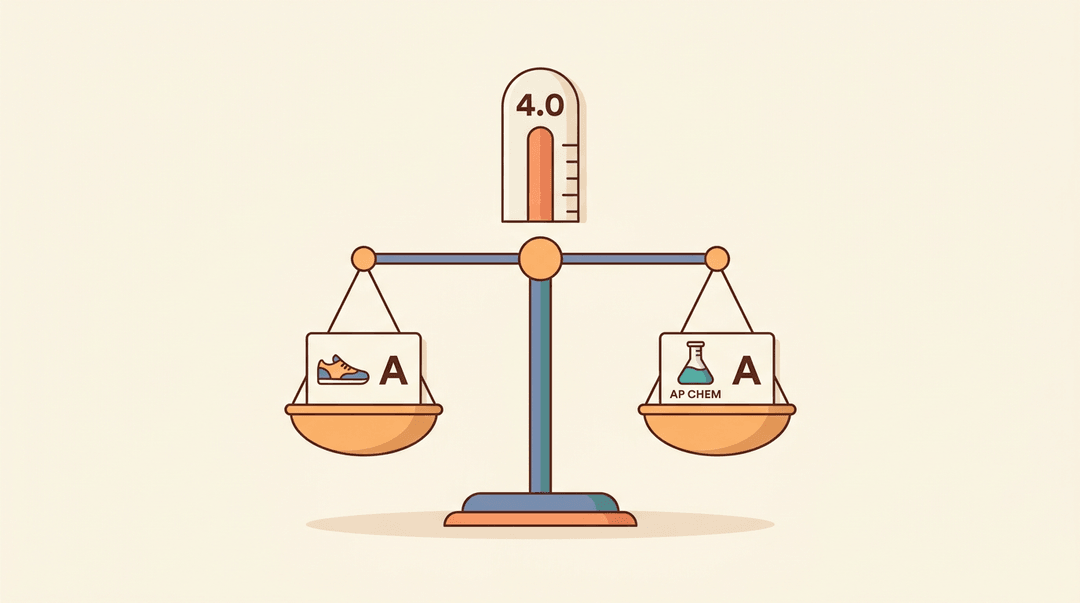A balanced scale shows an 'A' in gym equals an 'A' in AP Chem, with a gauge at 4.0.