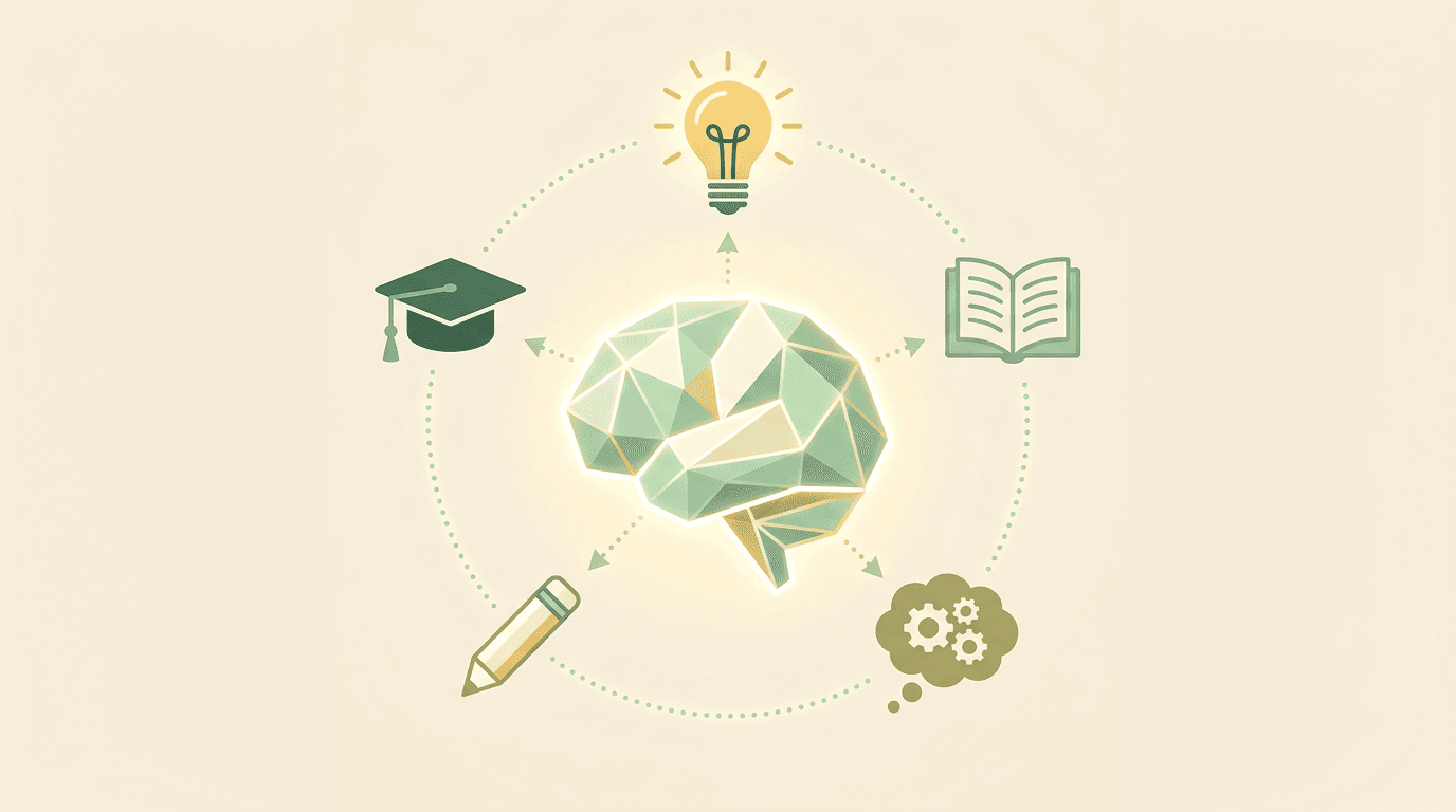 A glowing geometric brain is connected by lines to icons representing knowledge around it, including a lightbulb and book.
