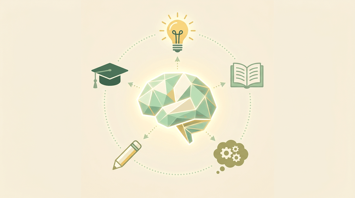 A glowing geometric brain is connected by lines to icons representing knowledge around it, including a lightbulb and book.