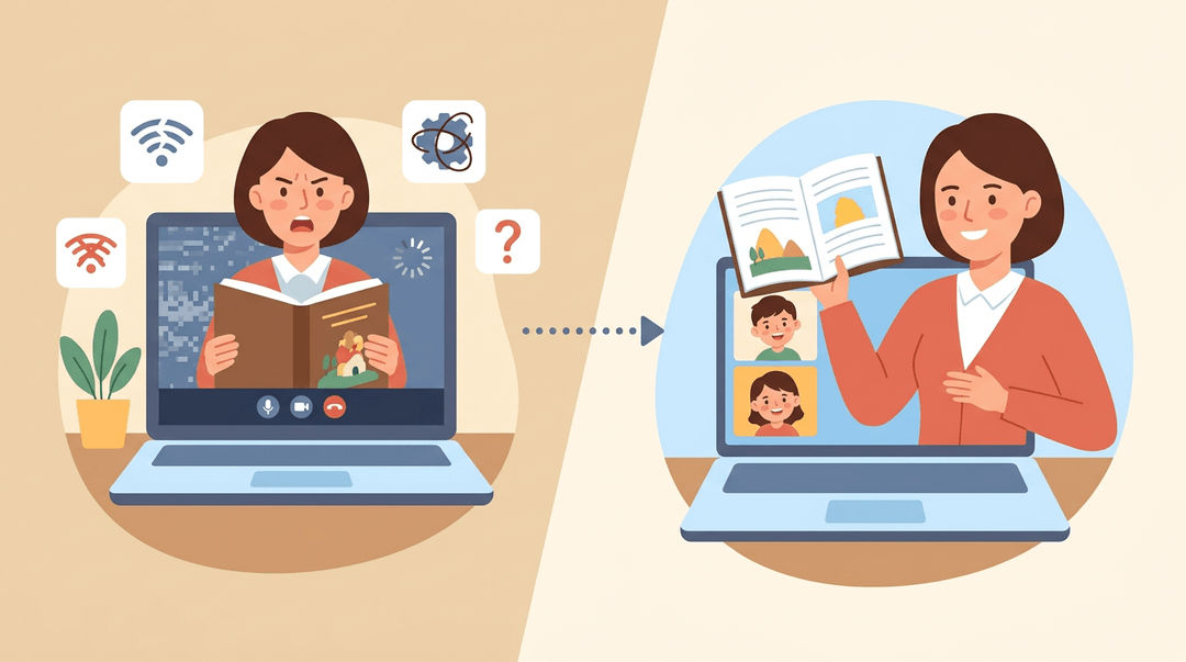 A teacher transitions from a glitchy video call to a calm backup storytime with printed books and happy students.