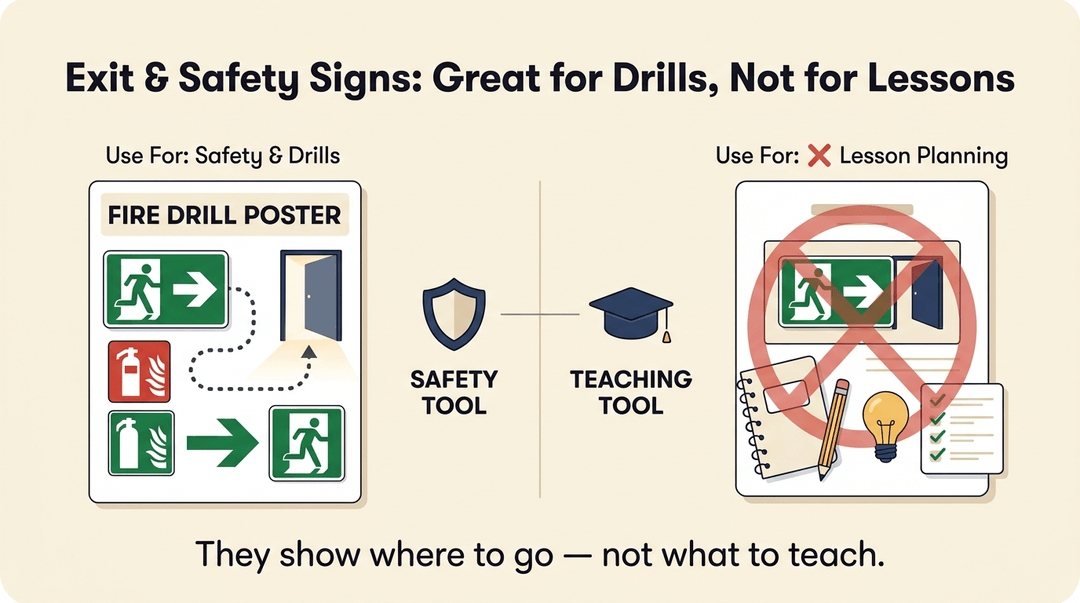 Illustration contrasting safety drill posters with lesson planning materials to show they serve different purposes.