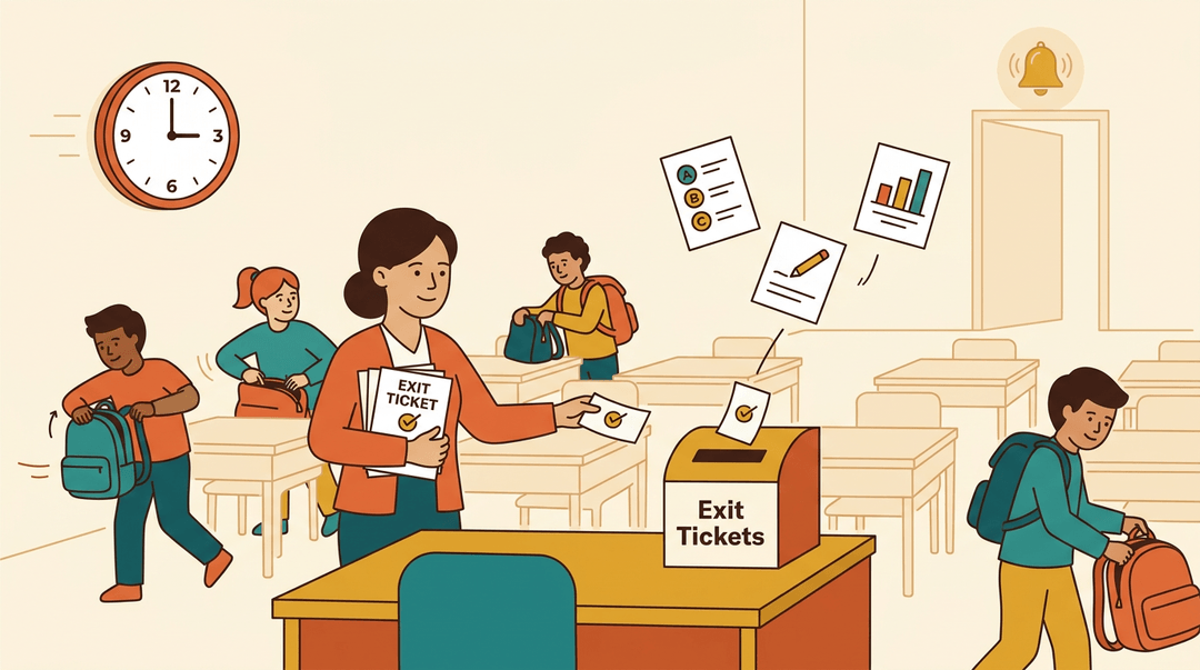 Teacher collects exit tickets from students packing up before the bell rings.