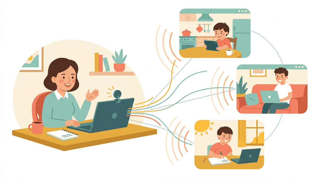 A teacher connects remotely with students in separate homes via video call windows linked by dotted lines.