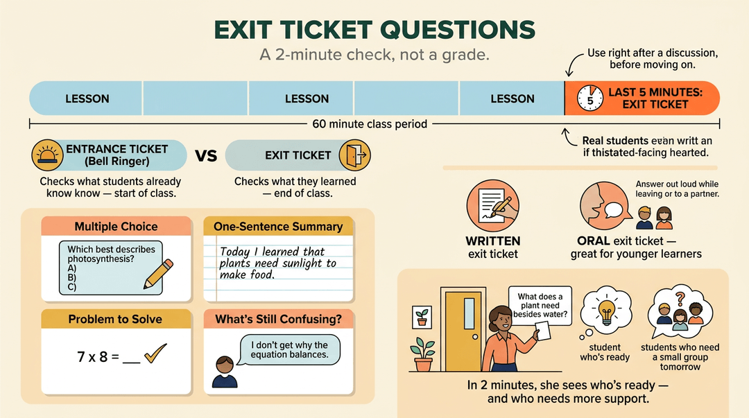 Infographic explaining exit tickets with timeline visuals, example question types, and a classroom scene showing quick student assessment.