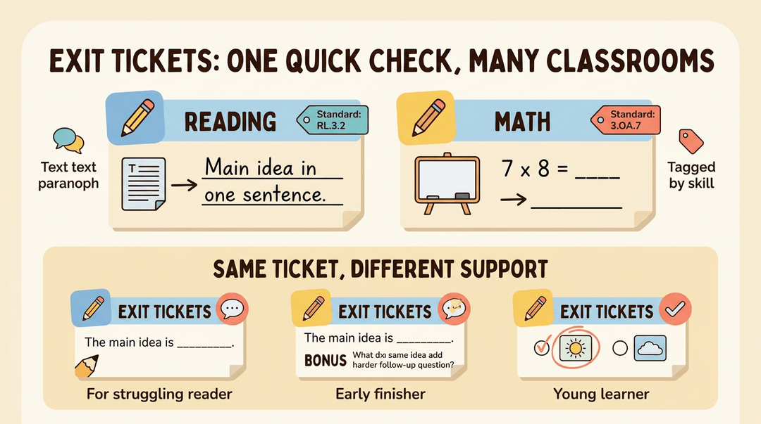 Infographic showing exit ticket examples for reading and math, with differentiated support cards for struggling, advanced, and young learners.