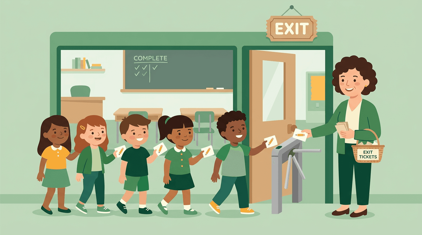 Teacher collects exit tickets from diverse students filing out of a green-themed classroom doorway.