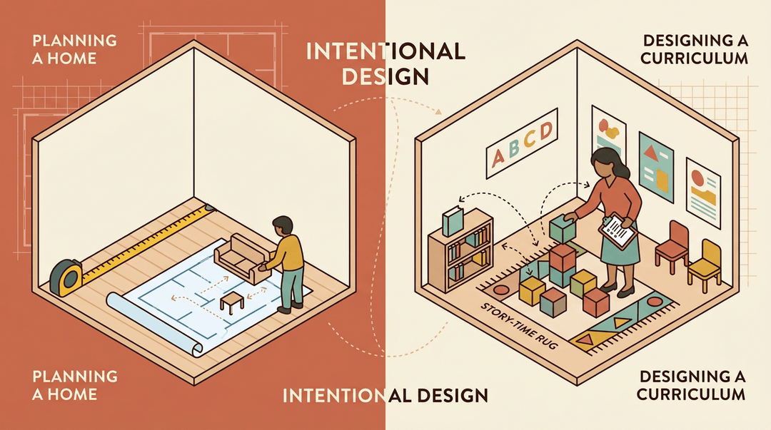 Parallel views show intentional planning in an empty home and a preschool classroom using matching warm colors and layout arrows.