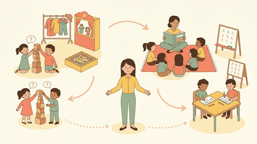 Bird's-eye view of a preschool classroom with play, reading, and writing centers connected by dotted pathways for rotation.