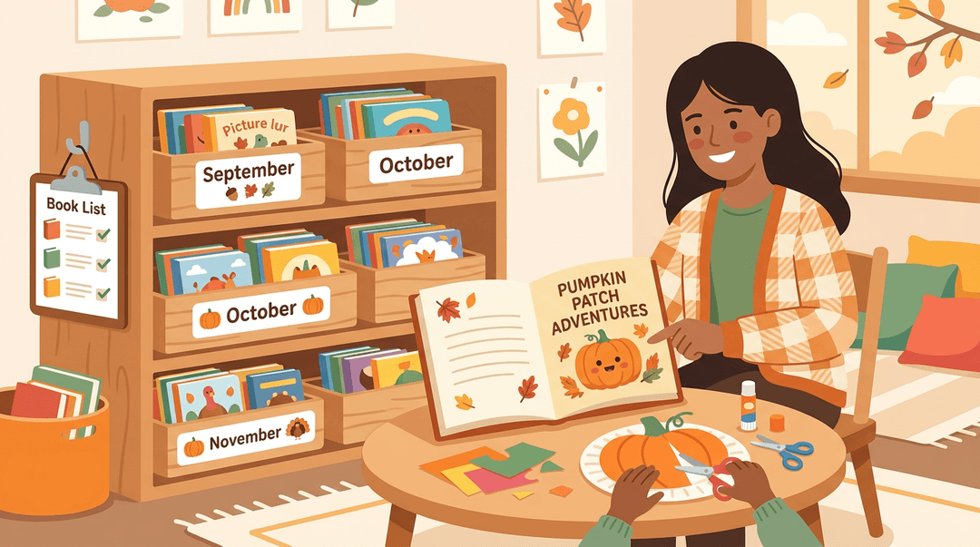 Cozy fall reading nook with labeled book bins, a pumpkin craft in progress, and a teacher guiding students.