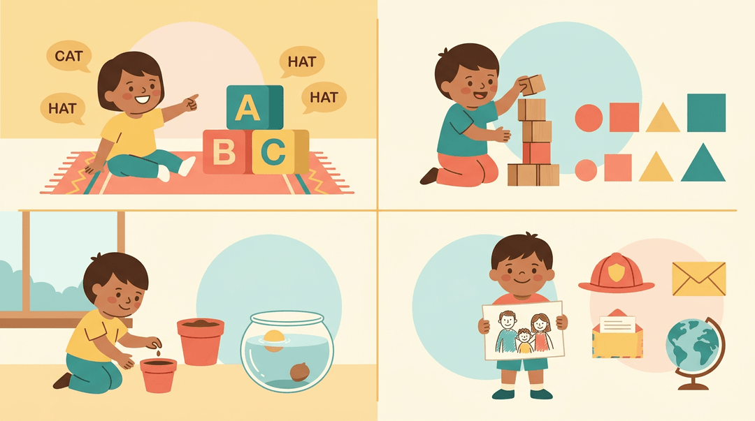 Four quadrants show kids learning literacy, math, science, and social studies with simple flat icons.