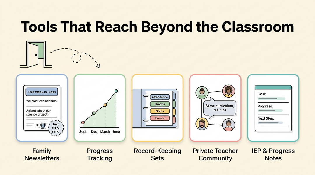 Five cards showing family engagement tools: newsletters, progress tracking, record-keeping, teacher community, and IEP notes.