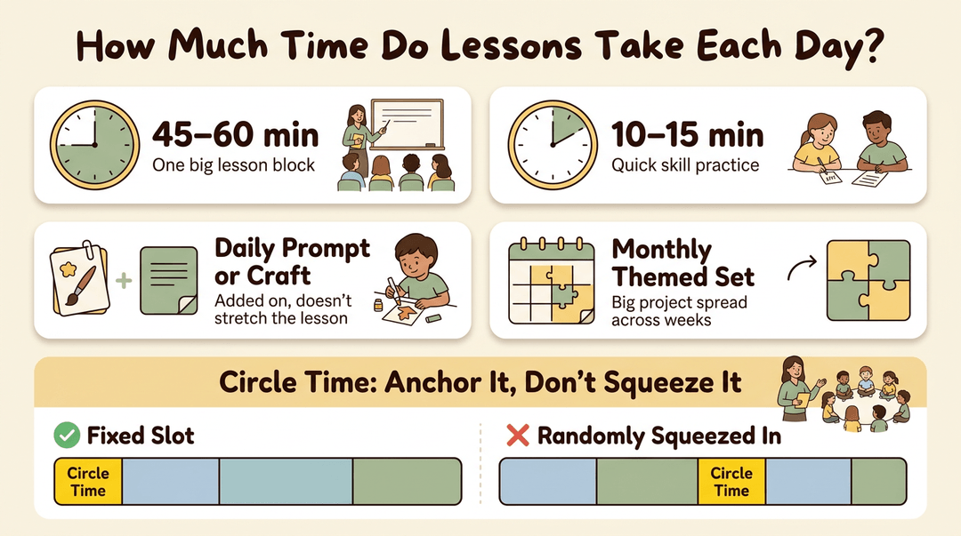 Infographic showing daily lesson time blocks and contrasting circle time schedules using fixed slots versus random insertion.