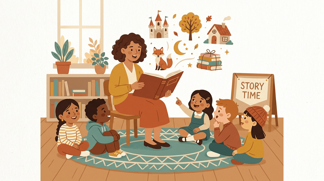 Teacher reads a storybook to diverse children in a cozy classroom corner, with whimsical illustrations floating from the pages.